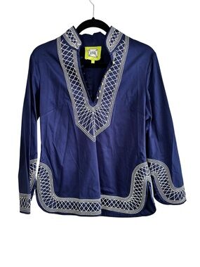 Elizabeth McKay Navy Tunic with White Geometric Embroidery